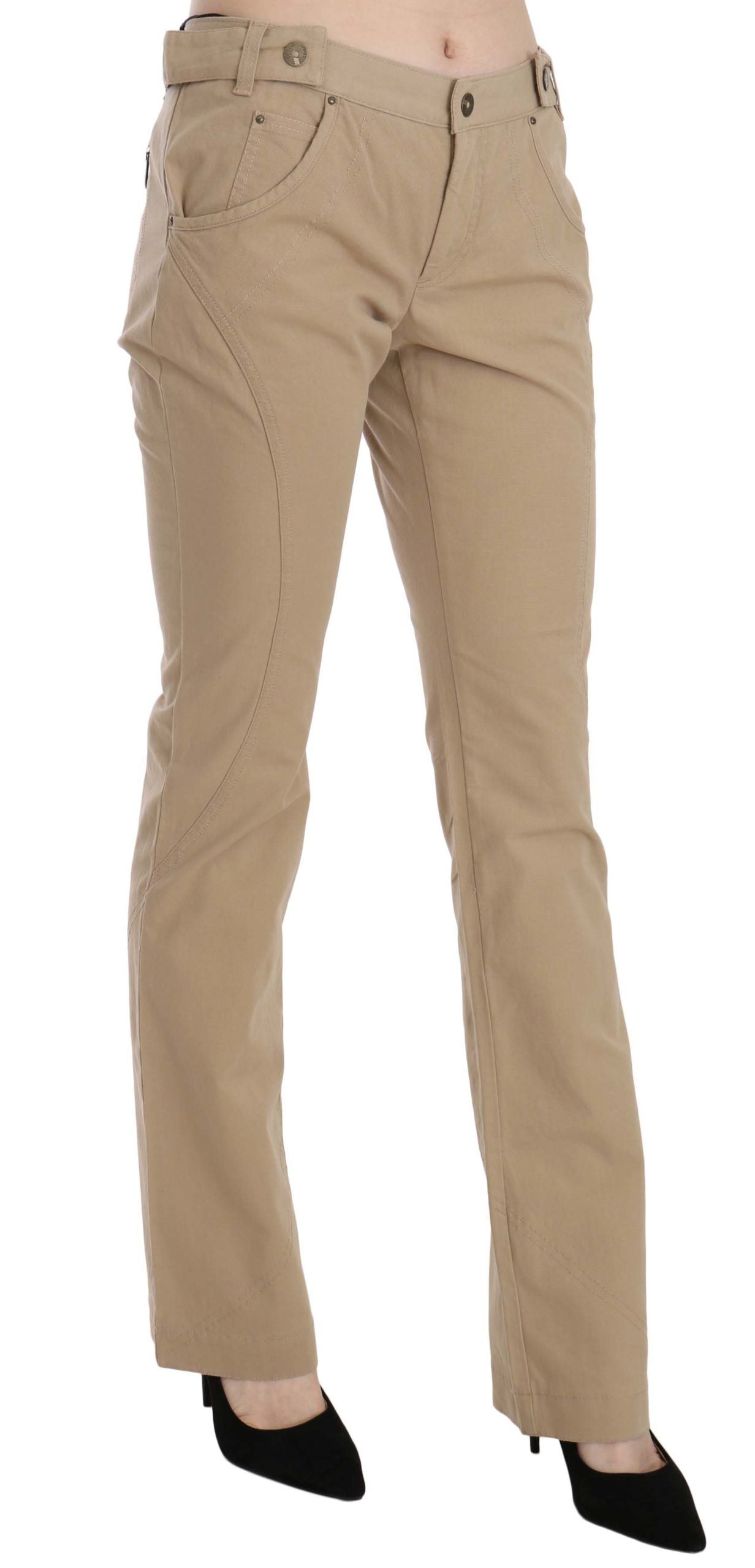 Beige Mid Waist Straight Leg Pants