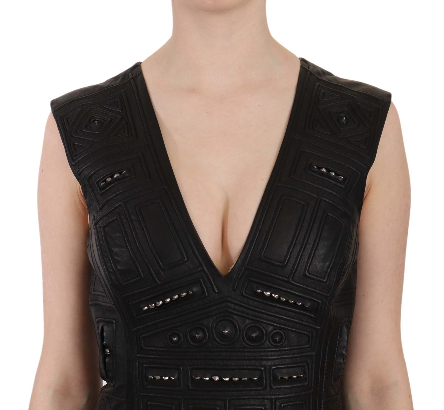 Studded Black Leather Mini Sheath Dress