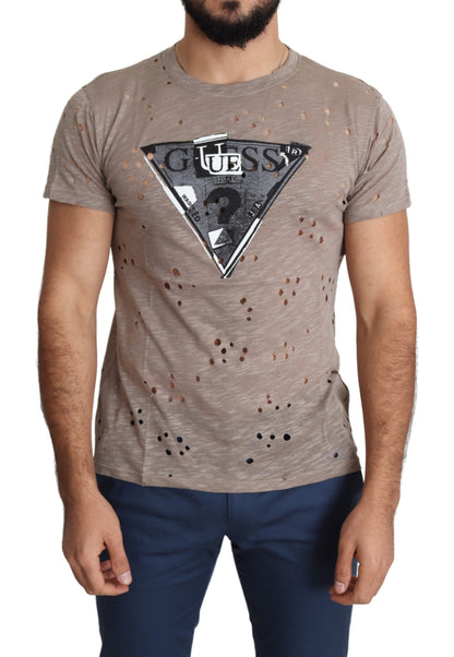 Camiseta perforada informal con estampado de logotipo elástico de algodón marrón para hombre