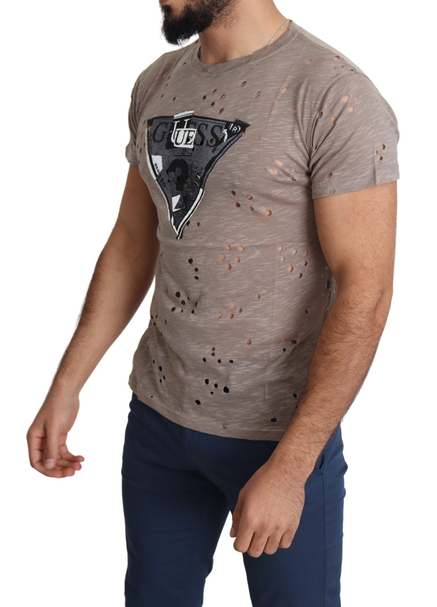 Camiseta perforada informal con estampado de logotipo elástico de algodón marrón para hombre