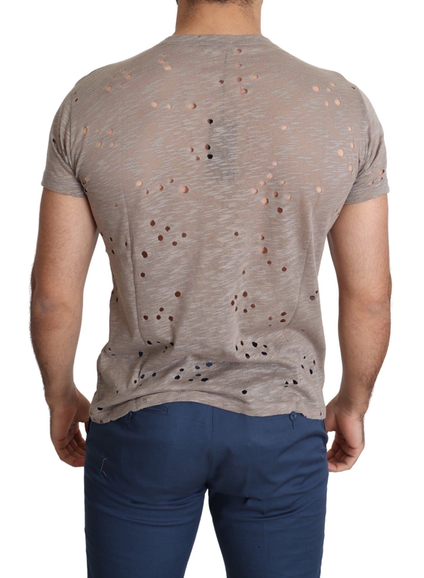 Camiseta perforada informal con estampado de logotipo elástico de algodón marrón para hombre