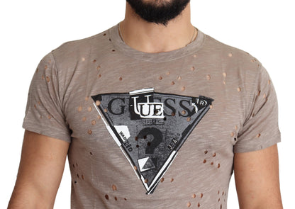 Camiseta perforada informal con estampado de logotipo elástico de algodón marrón para hombre