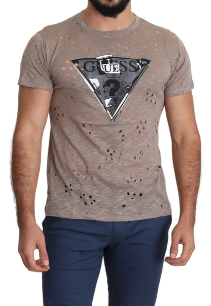 Camiseta perforada informal con estampado de logotipo elástico de algodón marrón para hombre