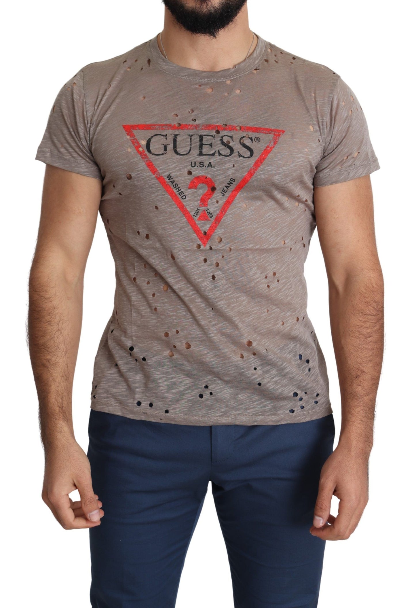 Camiseta perforada informal con estampado de logotipo elástico de algodón marrón para hombre