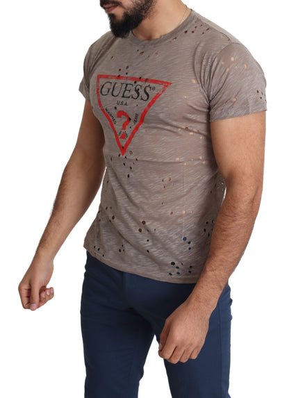 Camiseta perforada informal con estampado de logotipo elástico de algodón marrón para hombre