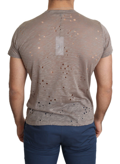 Camiseta perforada informal con estampado de logotipo elástico de algodón marrón para hombre