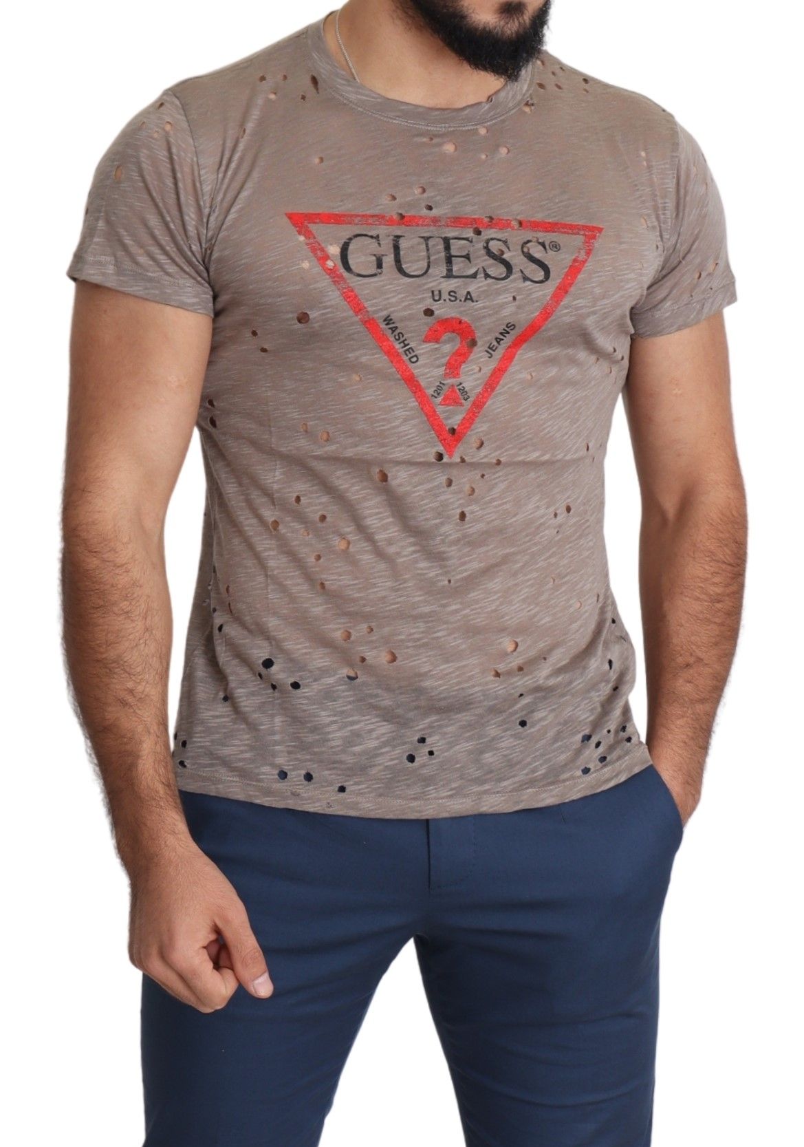 Camiseta perforada informal con estampado de logotipo elástico de algodón marrón para hombre