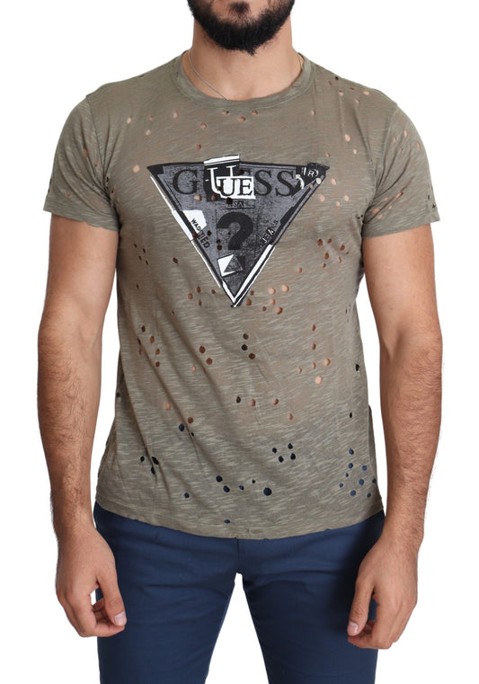 Camiseta perforada informal con estampado de logotipo elástico de algodón marrón para hombre