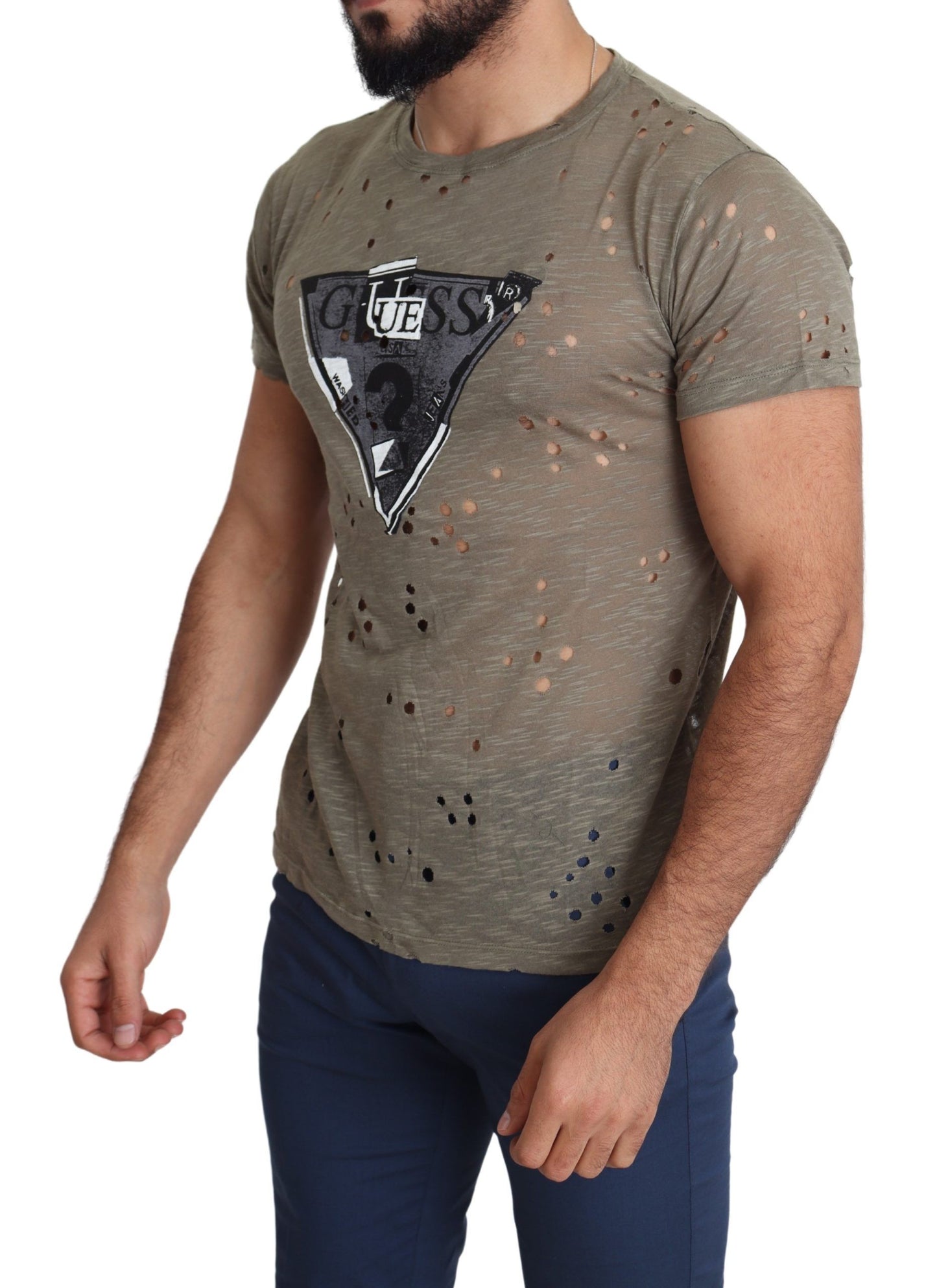 Camiseta perforada informal con estampado de logotipo elástico de algodón marrón para hombre