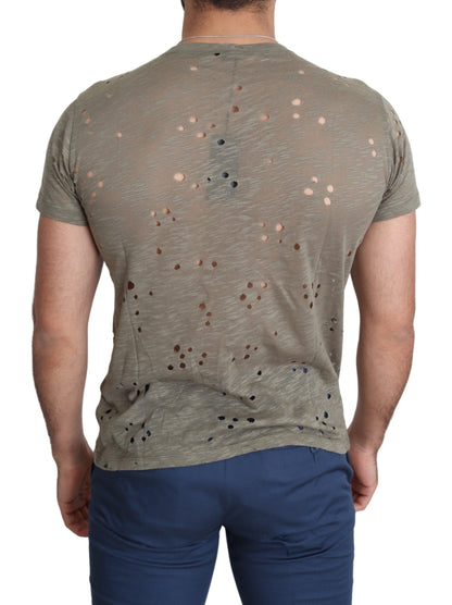 Camiseta perforada informal con estampado de logotipo elástico de algodón marrón para hombre