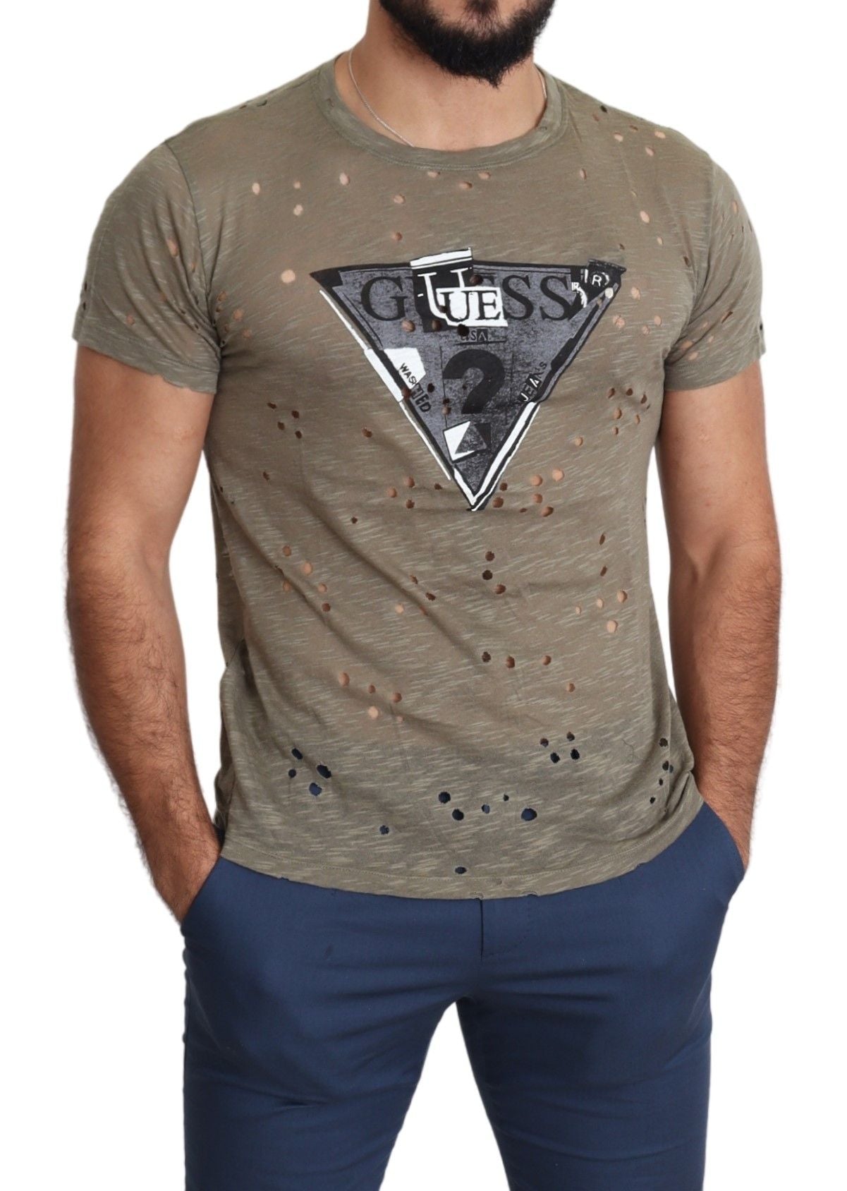 Camiseta perforada informal con estampado de logotipo elástico de algodón marrón para hombre