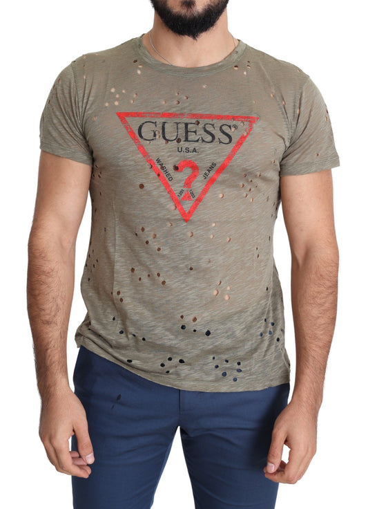 Camiseta perforada informal con estampado de logotipo elástico de algodón marrón para hombre