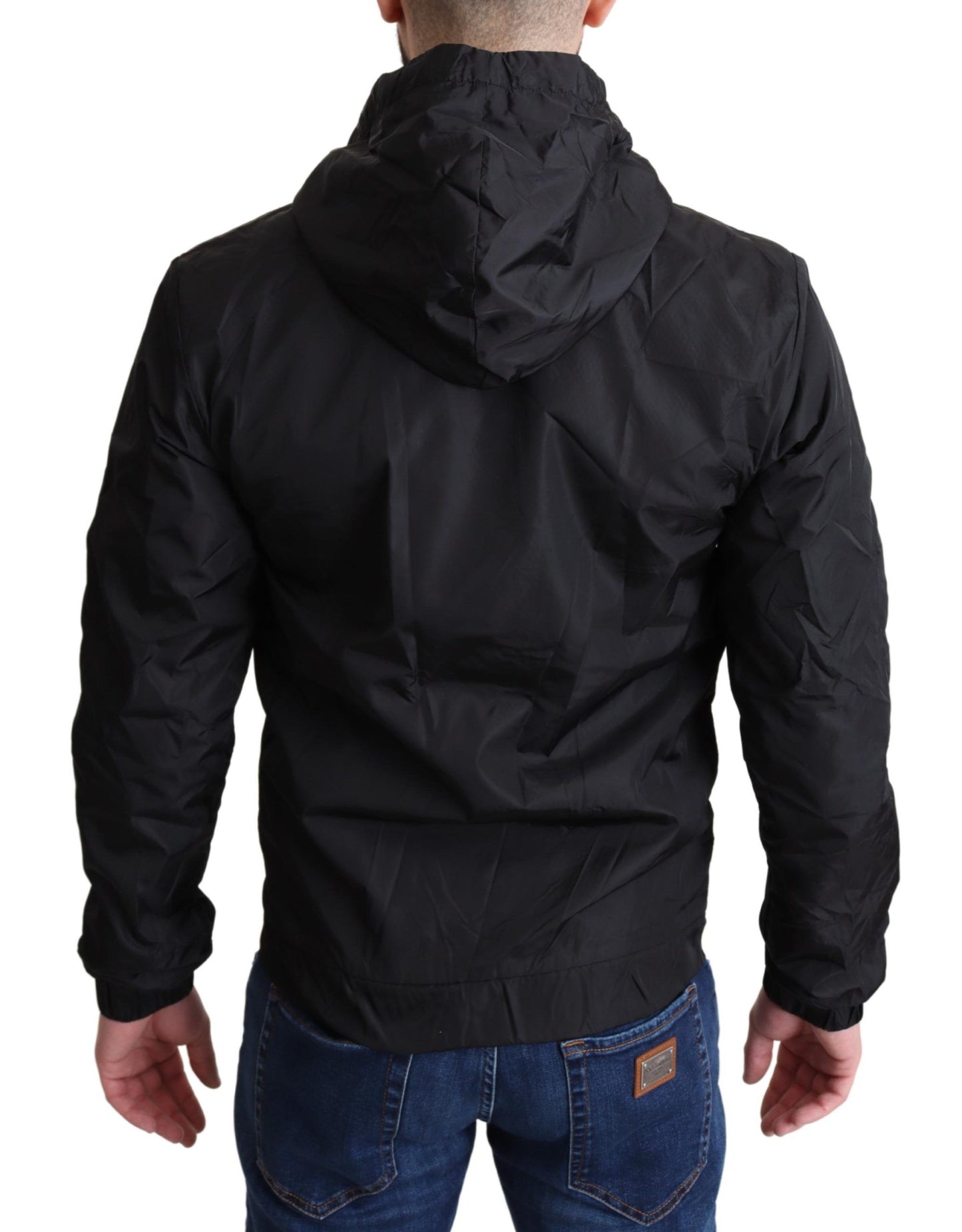 Elegant Black Hooded Windbreaker Jacket