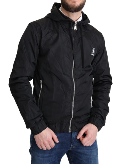 Elegant Black Hooded Windbreaker Jacket