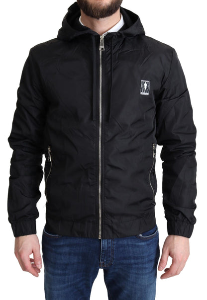 Elegant Black Hooded Windbreaker Jacket