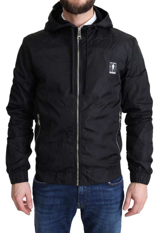 Elegant Black Hooded Windbreaker Jacket