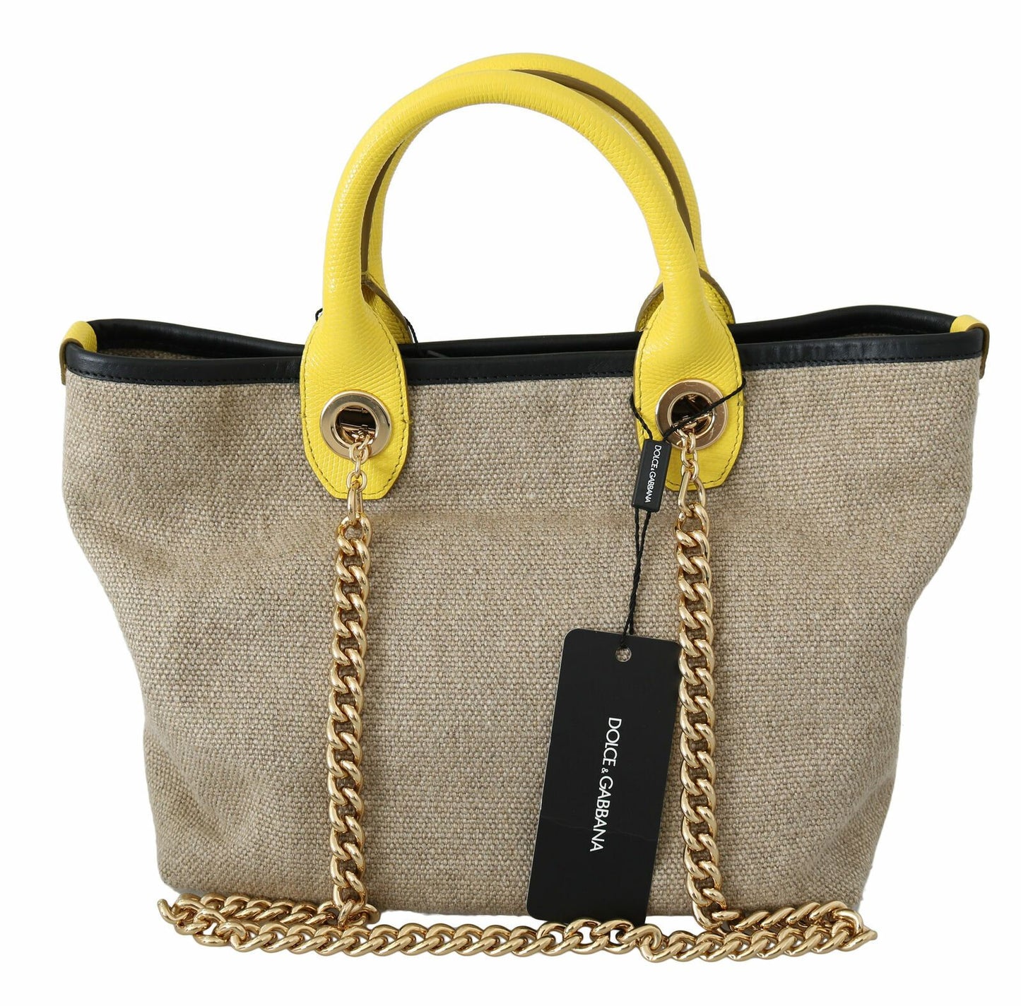 Beige Linen-Calf Tote with Gold Chain