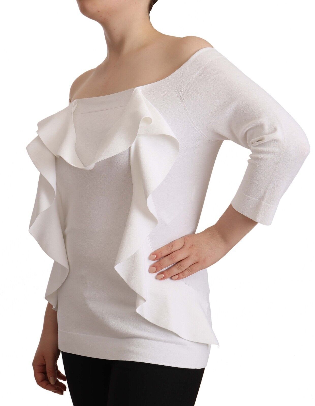 Blusa blanca de manga larga con hombros descubiertos para mujer