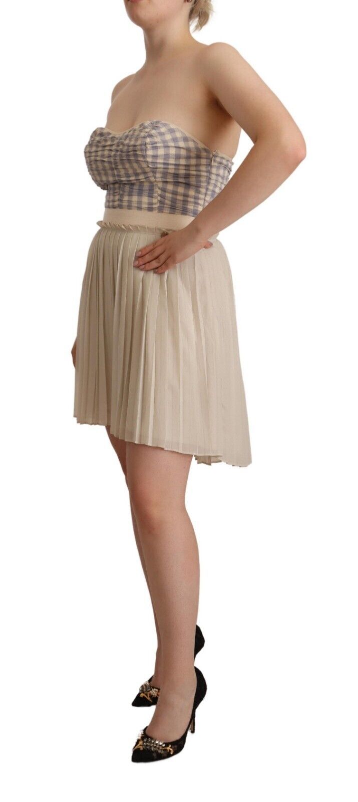 Vestido bustier sin tirantes plisado a cuadros beige