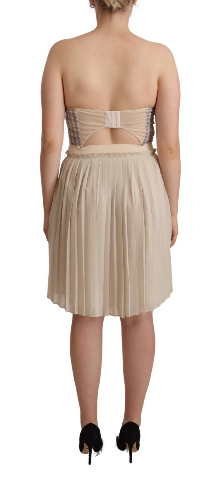 Vestido bustier sin tirantes plisado a cuadros beige