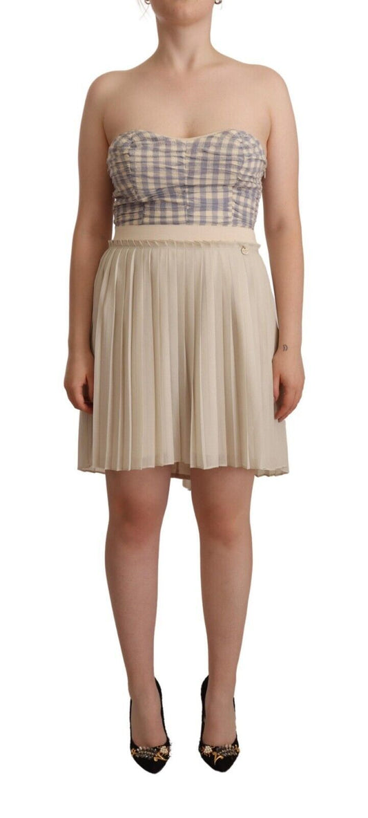 Vestido bustier sin tirantes plisado a cuadros beige