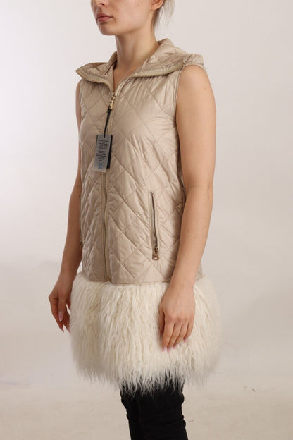 Beige Hooded Quilted Sleeveless Jacket