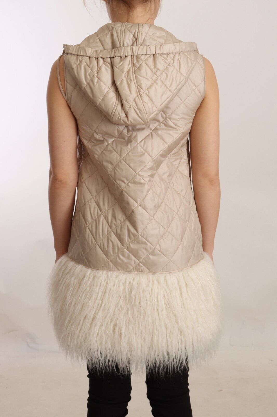 Beige Hooded Quilted Sleeveless Jacket