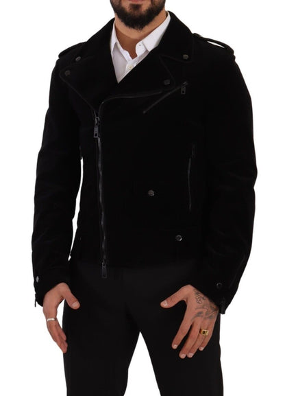 Sleek Black Cotton Biker Jacket