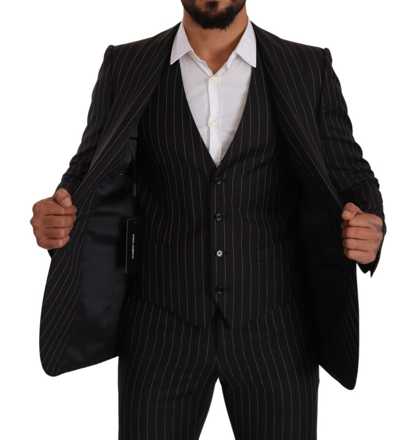 Sleek Striped Wool Three-Piece Suit