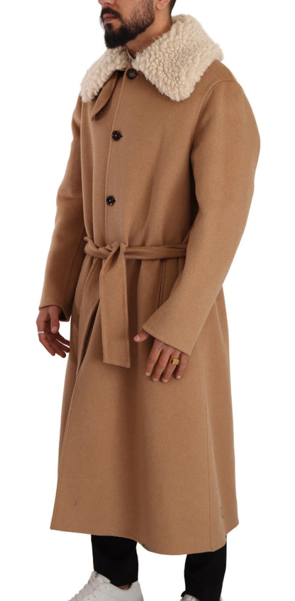 Opulent Beige Shearling-Collar Overcoat