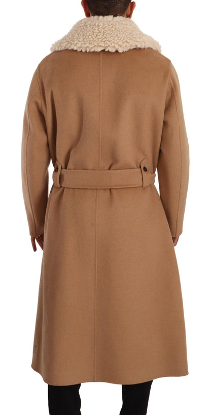 Opulent Beige Shearling-Collar Overcoat