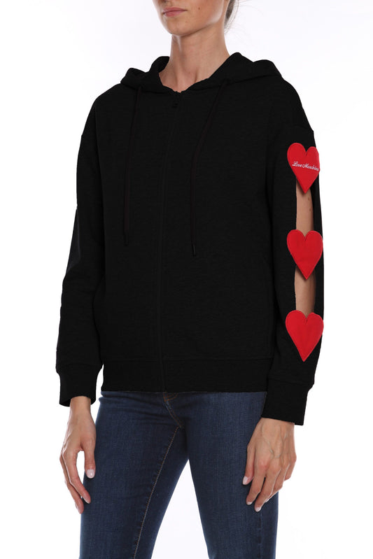 Black Cotton Women Sweater with Embroidered Hearts