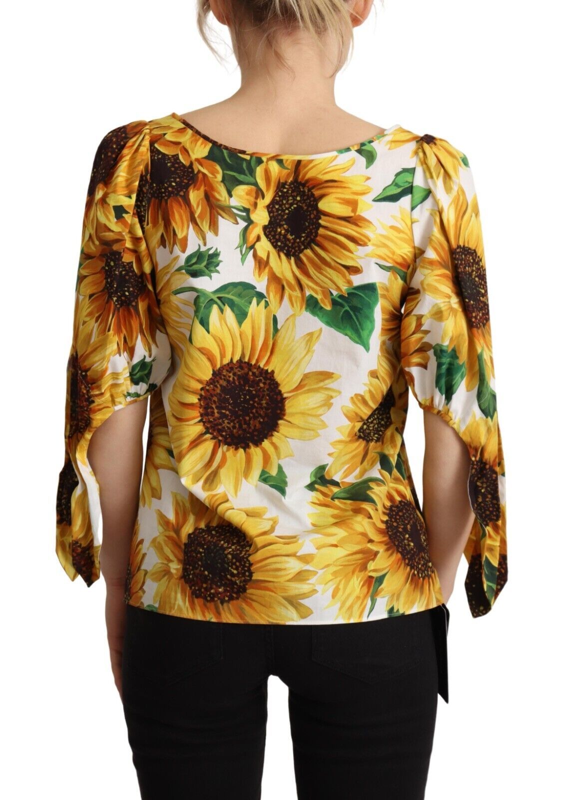 Sunflower Print Cotton Elbow Sleeve Blouse