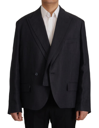 Sleek Double Breasted Navy Linen Blazer