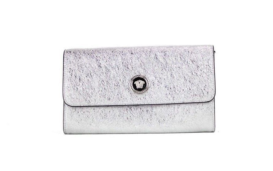 Small Metallic Silver Lamb Leather Medusa Clutch Crossbody Wallet Bag