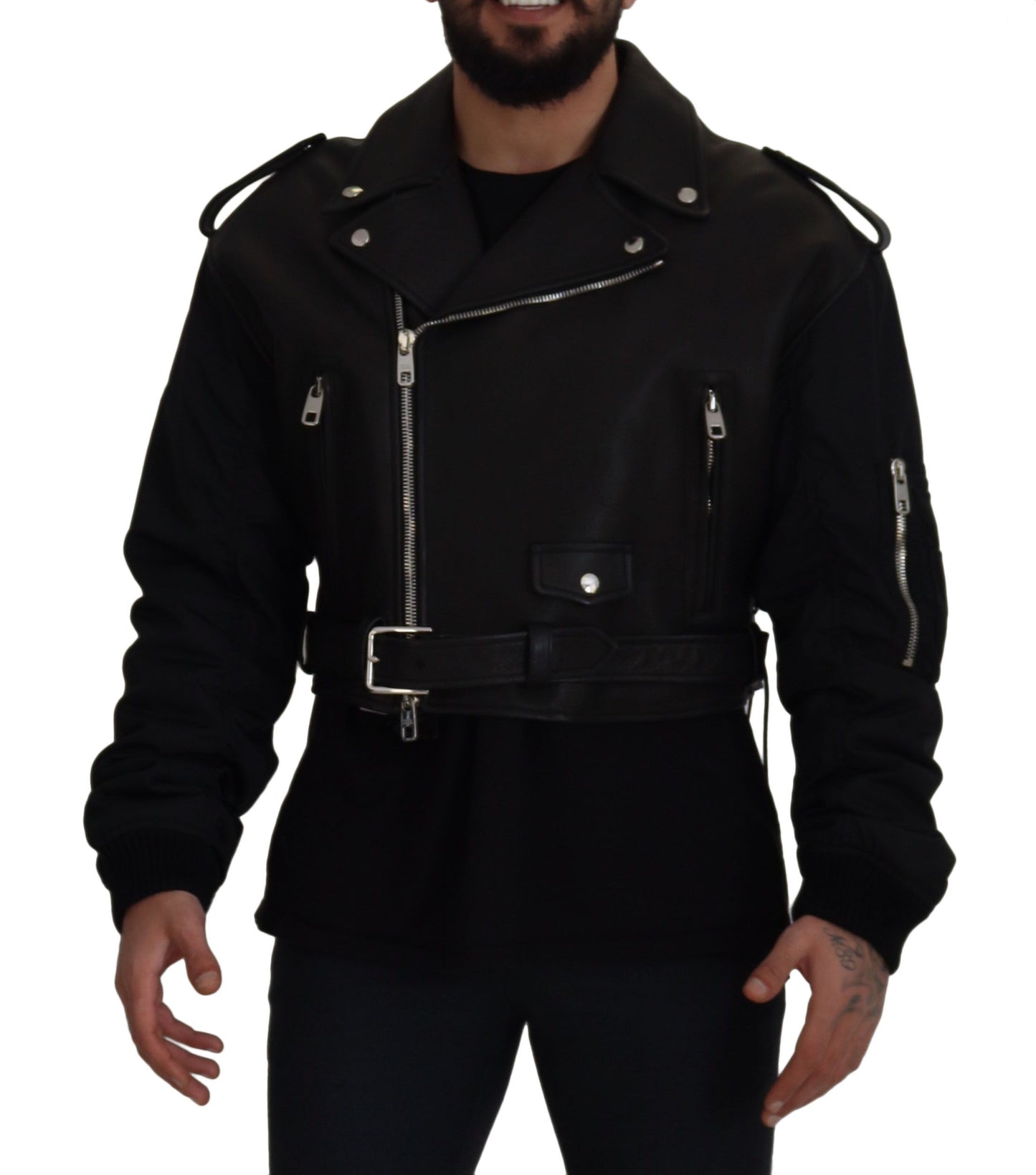 Sleek Biker Motorcycle Black Belted Jacket