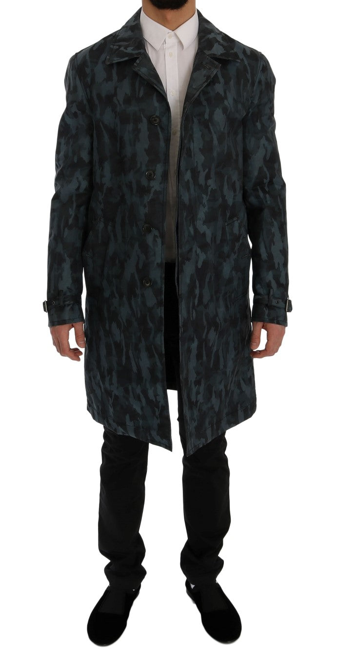 Blue Camouflage Trench Coat Elegance