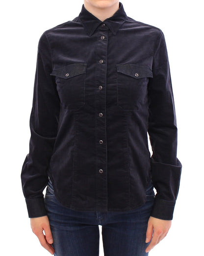 Elegant Blue Corduroy Stretch Blouse