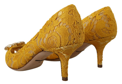 Escarpins à talons en dentelle et cristal jaune Taormina