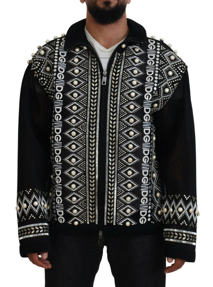 Elegant Patterned Bomber Jacket with Pearl Details