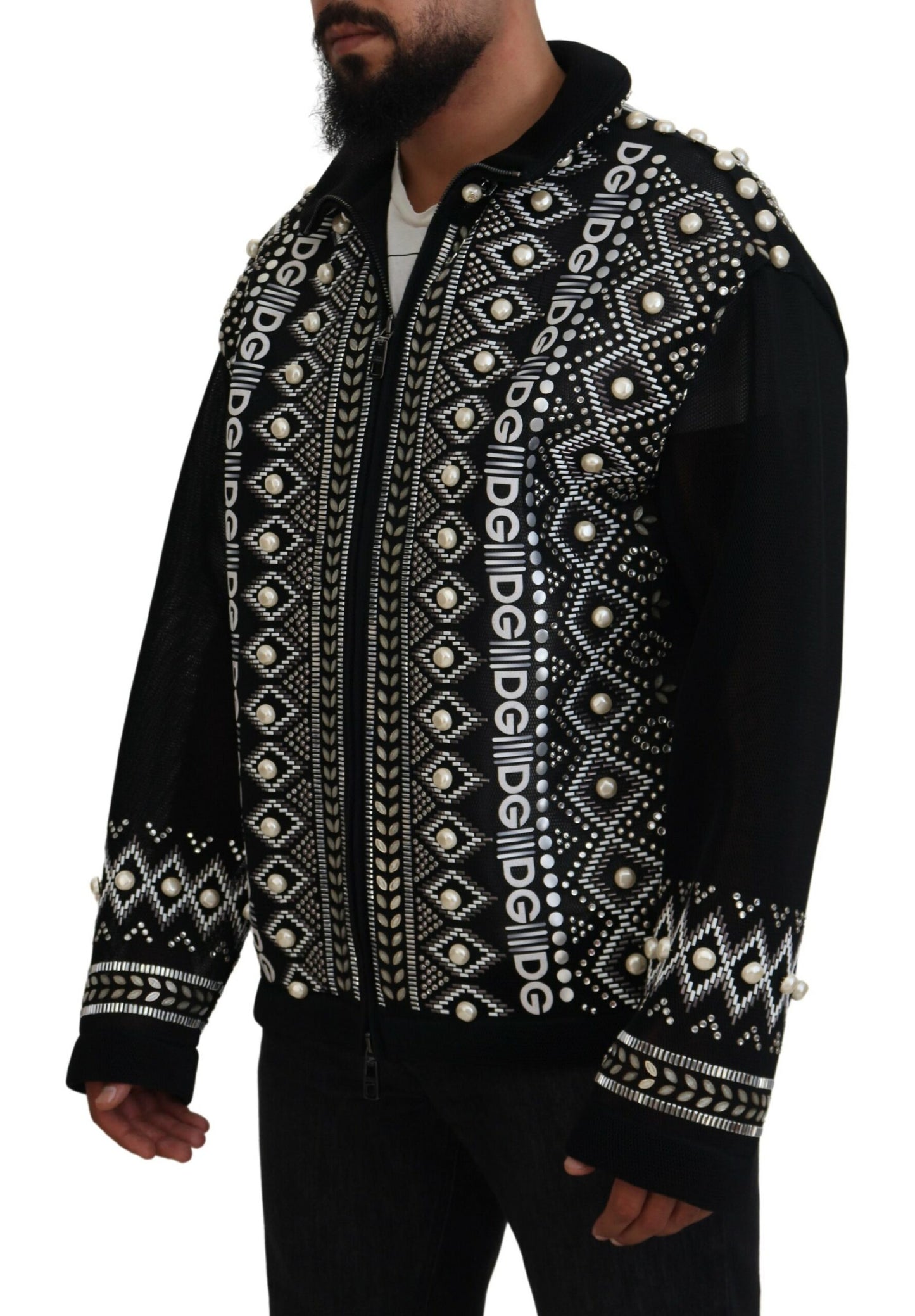 Elegant Patterned Bomber Jacket with Pearl Details