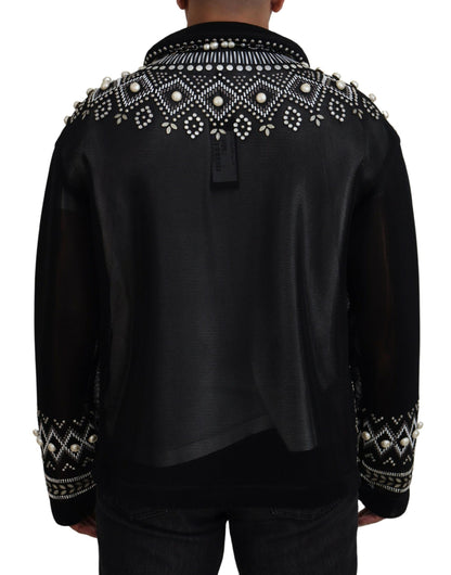 Elegant Patterned Bomber Jacket with Pearl Details