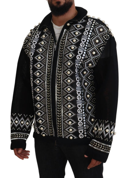 Elegant Patterned Bomber Jacket with Pearl Details