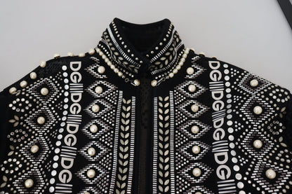 Elegant Patterned Bomber Jacket with Pearl Details