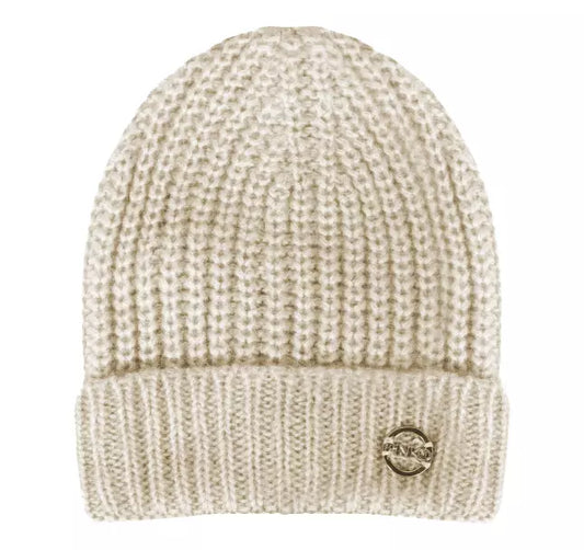 Cream Ribbed Beanie with Metal Logo Accent