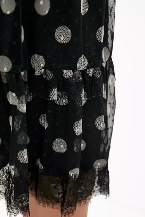 Polka Dot Tulle Midi Dress with Lace Details