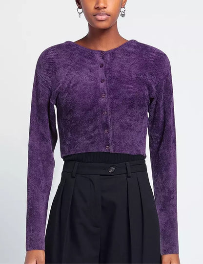 Elegant Purple Crew-Neck Cardigan