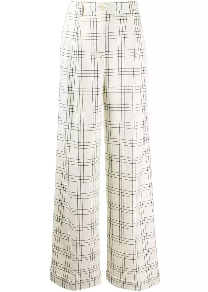 Chic Checkered Wide-Leg Wool Trousers