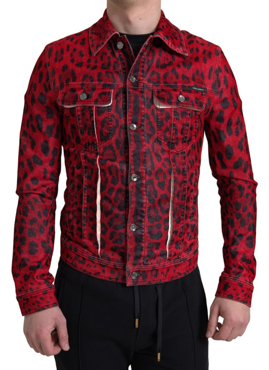 Vibrant Red Leopard Print Denim Jacket