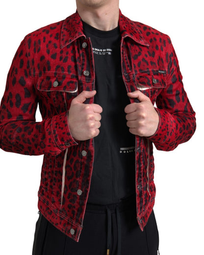 Vibrant Red Leopard Print Denim Jacket